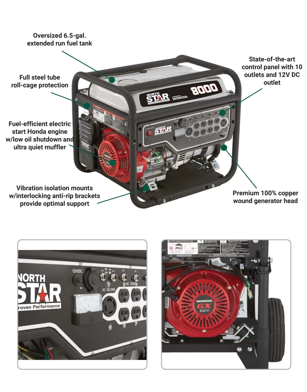 NorthStar 165603 Generator | 8,000 Surge Watts | 6,600 Rated Watts | Recoil Start With Wheel Kit